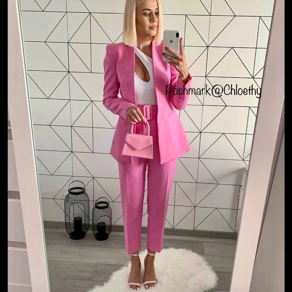 Zara 2-piece LAPELLESS FITTED BLAZER and PANTS WITH FABRIC-COVERED BELT